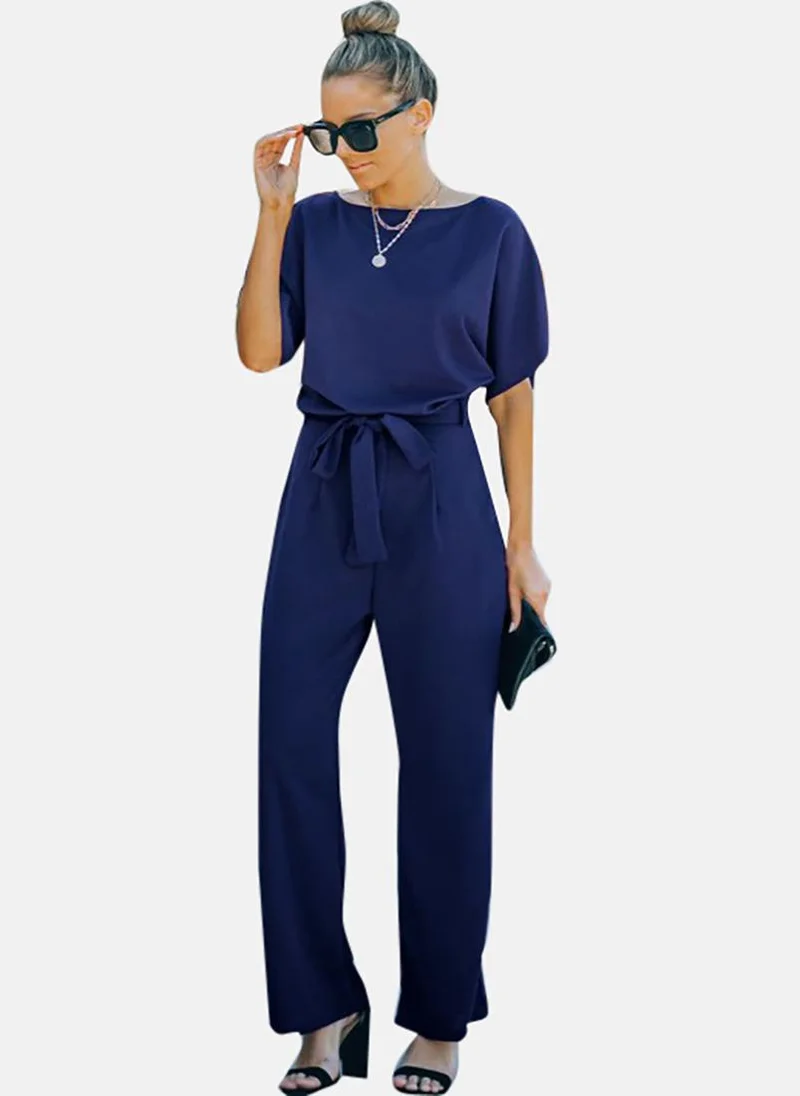 YUNIQEE Blue Solid Relaxed Fit Round Neck Jumpsuit