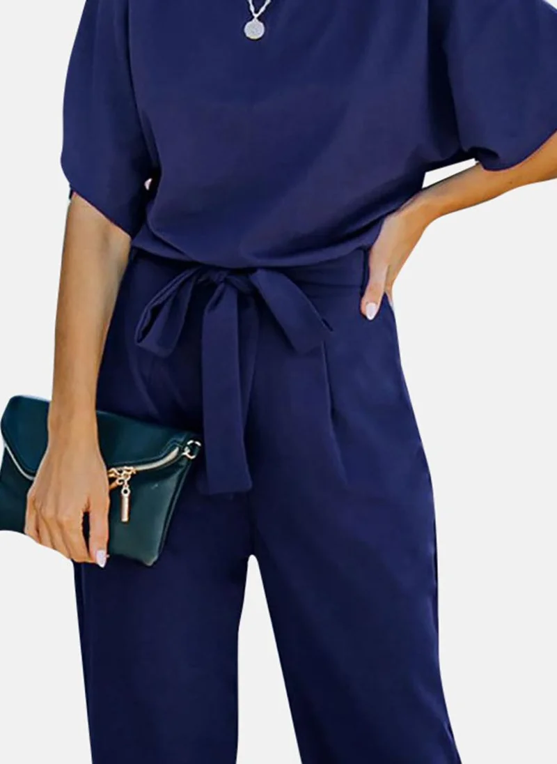 YUNIQEE Blue Solid Relaxed Fit Round Neck Jumpsuit