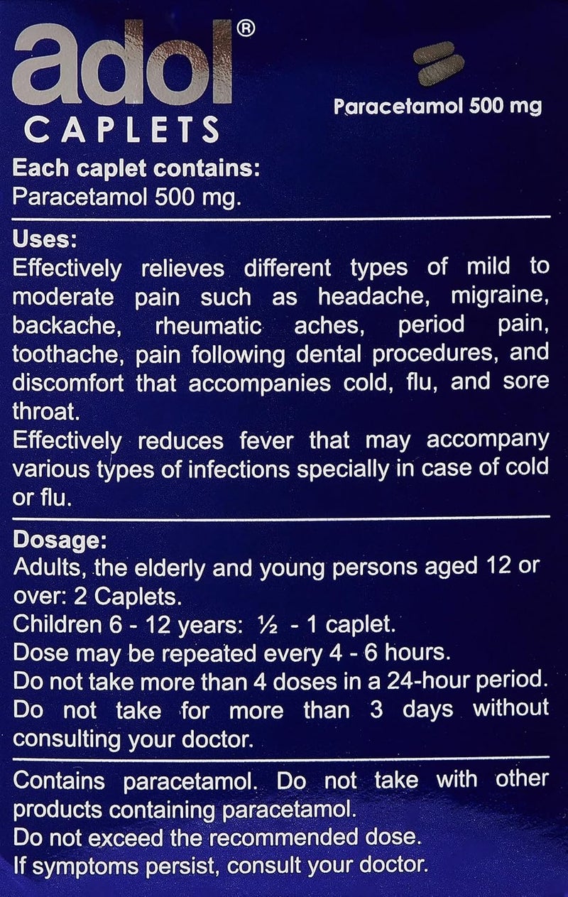 Adol Paracetamol 500mg Caplets - 96 Count - Image 3