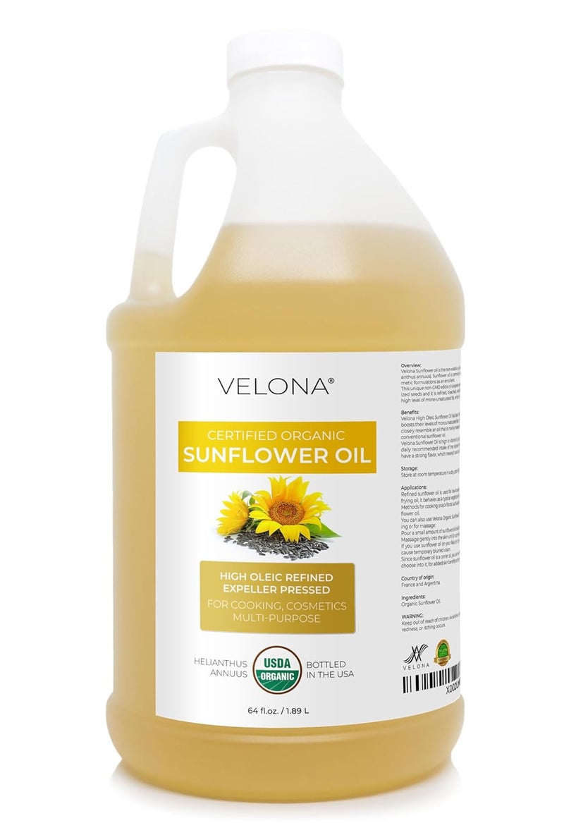 velona USDA Certified Organic Sunflower Oil  64 Fl Oz  100 Pure and Natural Carrier Oil  High Oleic Refined Expeller Pressed  Cooking Skin Hair Body  Face Moisturizing