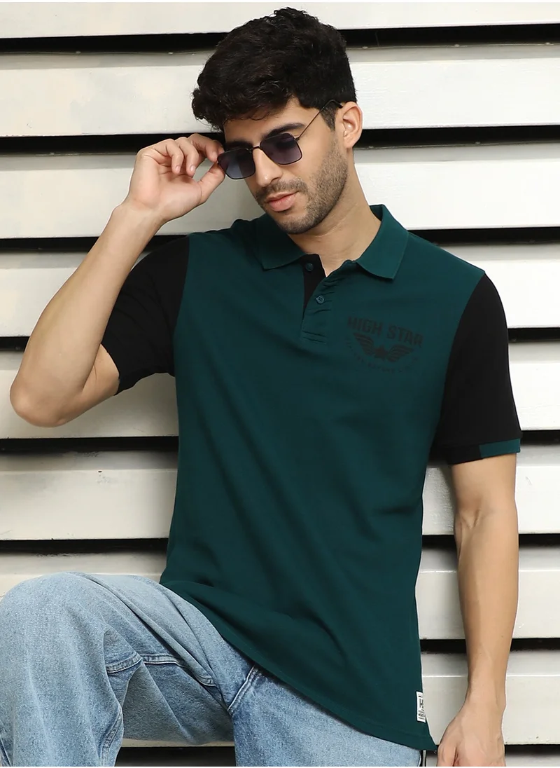 HIGH STAR Polo Collar Colorblocked Teal T-shirt for Men with Typographic Design