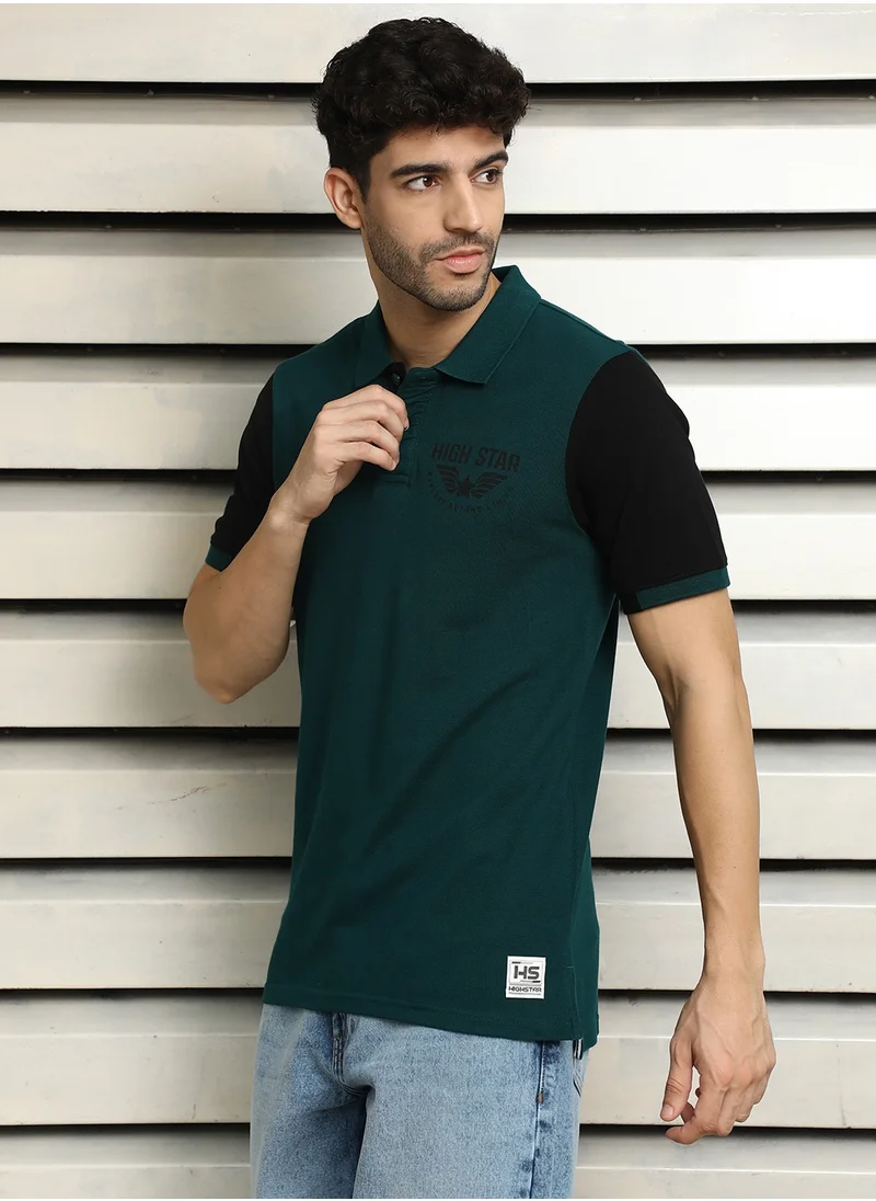 HIGH STAR Polo Collar Colorblocked Teal T-shirt for Men with Typographic Design
