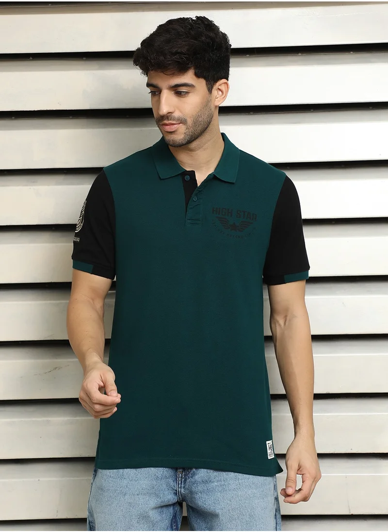 هاي ستار Polo Collar Colorblocked Teal T-shirt for Men with Typographic Design