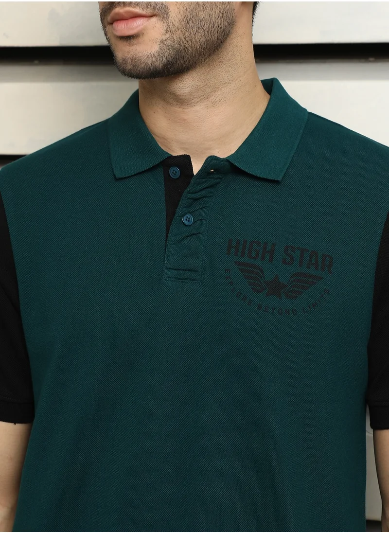 HIGH STAR Polo Collar Colorblocked Teal T-shirt for Men with Typographic Design