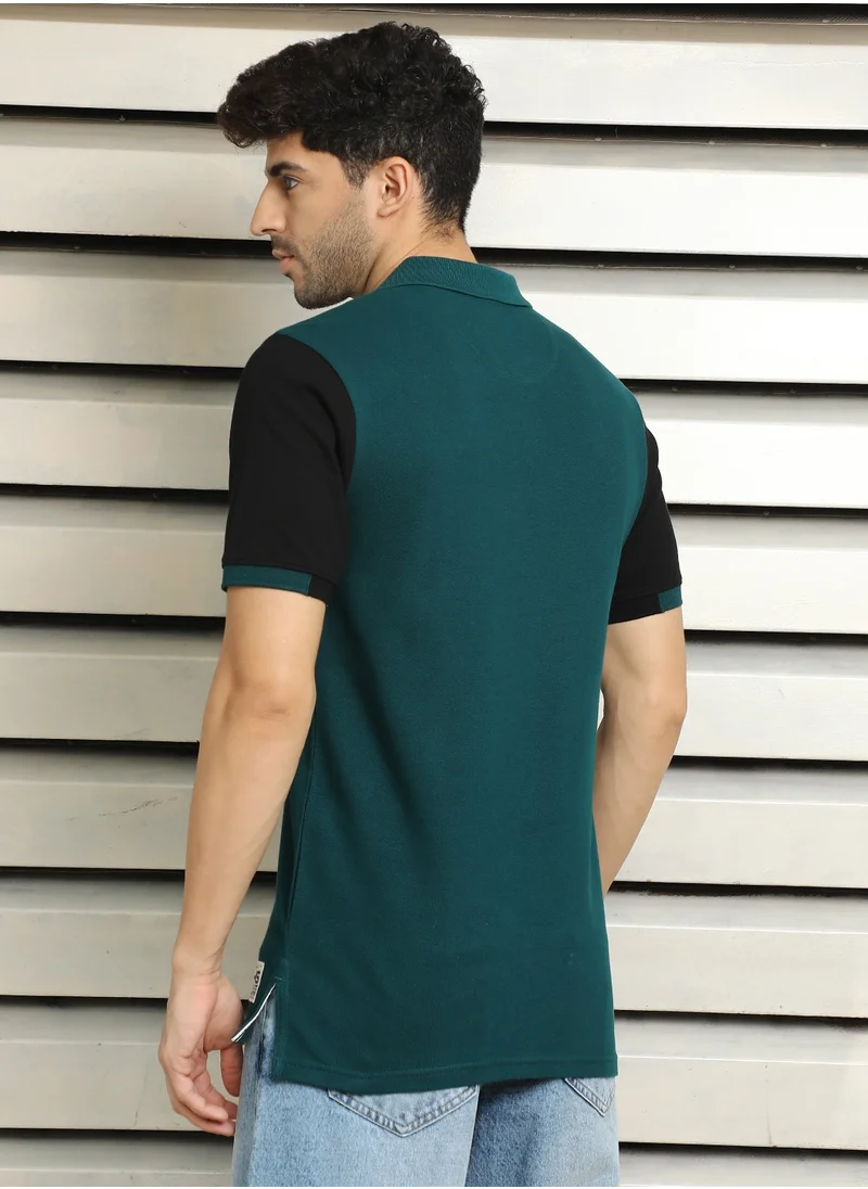 HIGH STAR Polo Collar Colorblocked Teal T-shirt for Men with Typographic Design