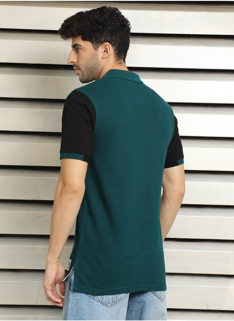 HIGH STAR Polo Collar Colorblocked Teal T-shirt for Men with Typographic Design  - Image 5