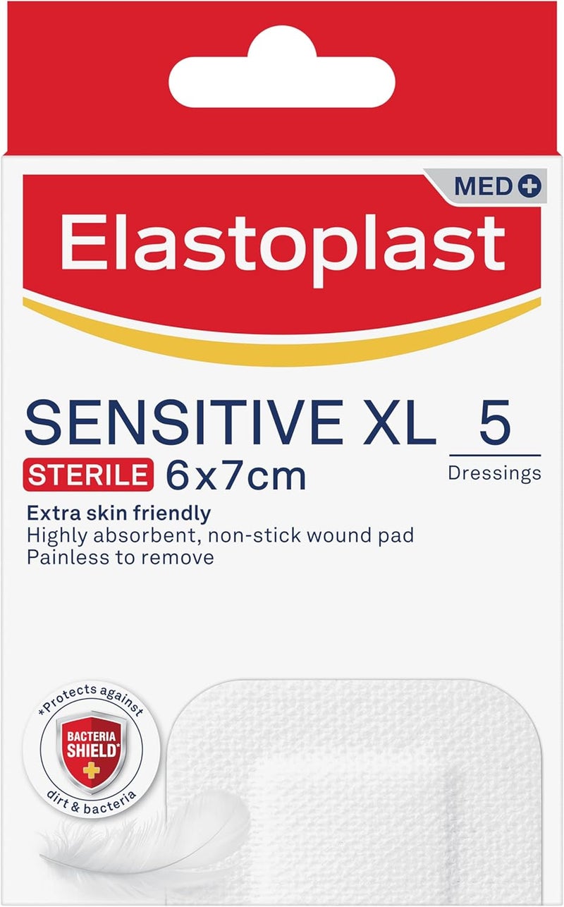 إيلاستوبلاست ضمادات الحساسة XL Med+ (5 لصقات)، حزمة من اللصقات الإسعافية، لصقات يومية كبيرة للجروح بعد العمليات الجراحية، ضمادات معقمة صديقة للبشرة للجروح، 0% لاتكس، بيضاء - Image 1