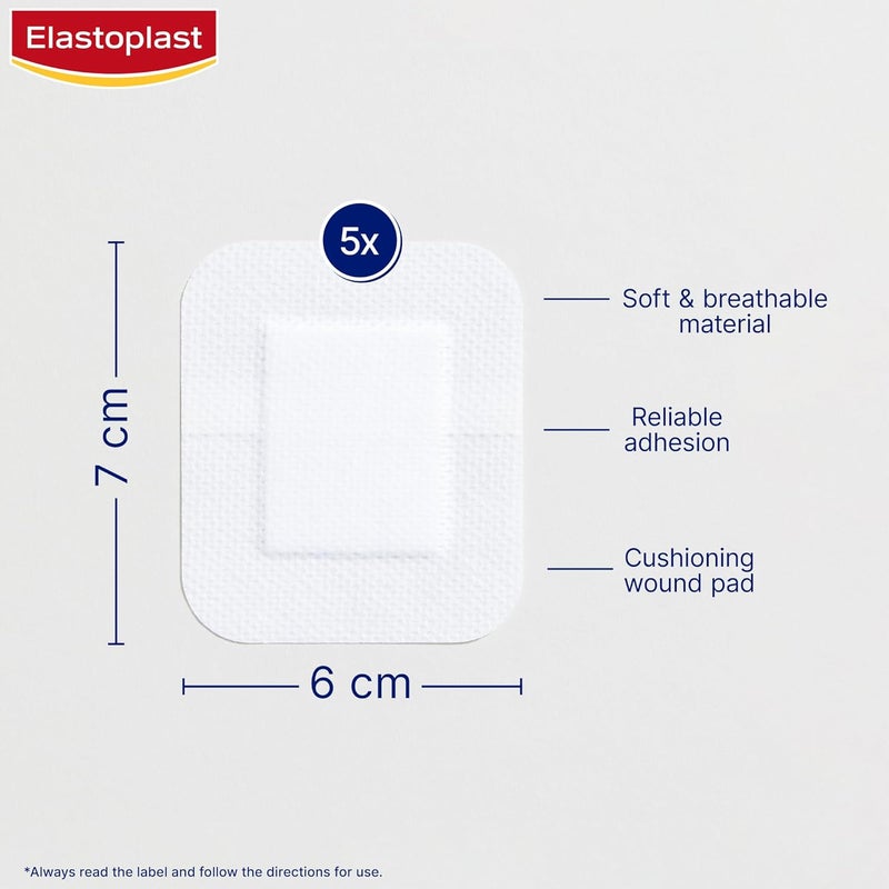 إيلاستوبلاست ضمادات الحساسة XL Med+ (5 لصقات)، حزمة من اللصقات الإسعافية، لصقات يومية كبيرة للجروح بعد العمليات الجراحية، ضمادات معقمة صديقة للبشرة للجروح، 0% لاتكس، بيضاء - Image 4