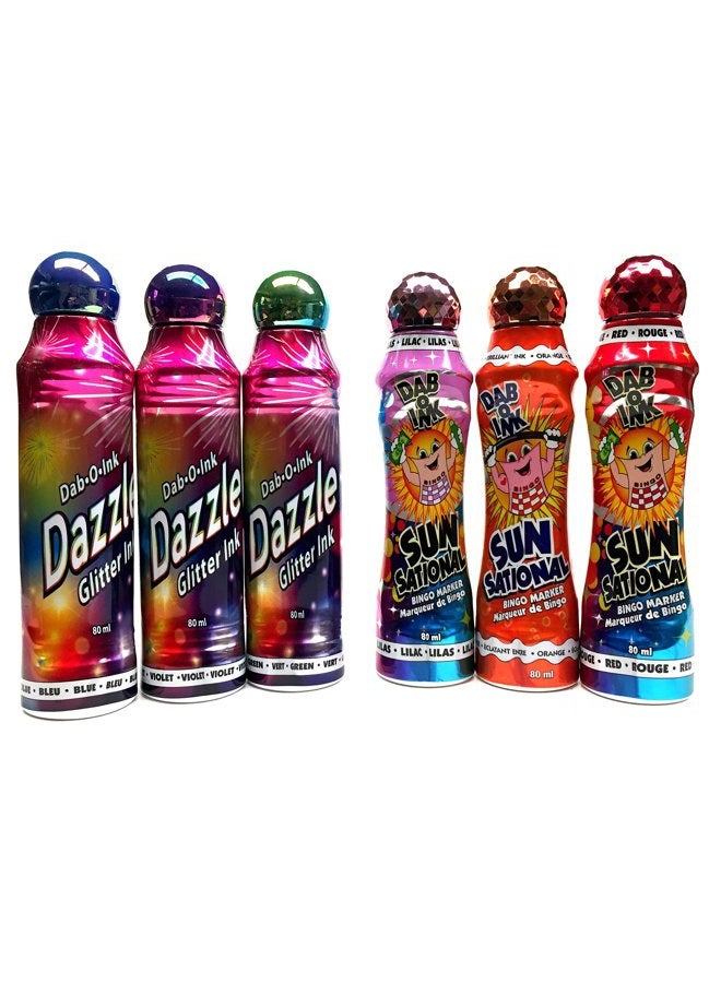 Bingo Dauber " Colors" Set! - Mixed with 3 Dazzle Glitter & 3 Ultra Bright Sunsational Ink Dabbers