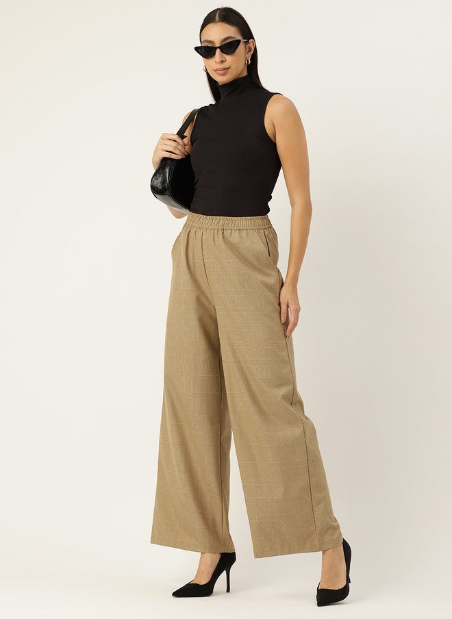 Rue Collection Beige Checked Wide Leg Trousers for Women - Image 4