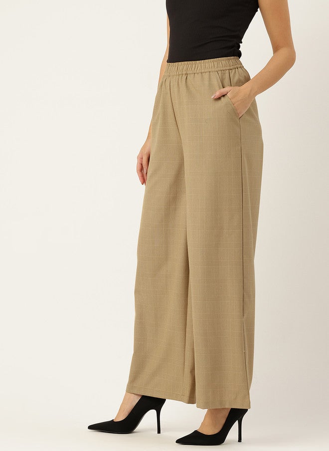 Rue Collection Beige Checked Wide Leg Trousers for Women - Image 2
