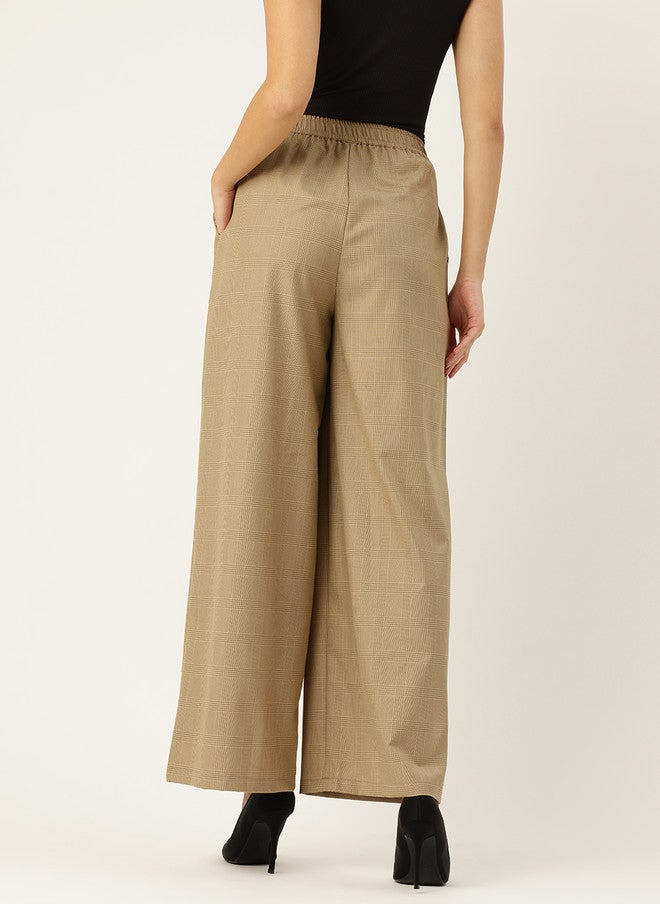 Rue Collection Beige Checked Wide Leg Trousers for Women - Image 3