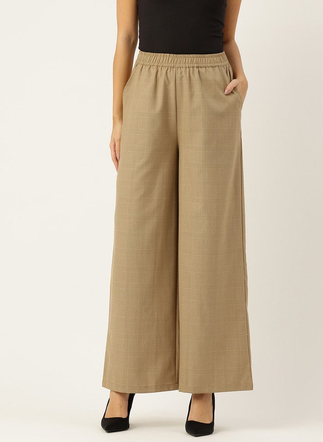 Rue Collection Beige Checked Wide Leg Trousers for Women - Image 1