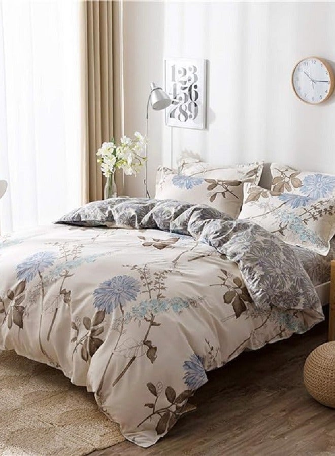 4 قطعة إلى أسفل غطاء لحاف كريم لون الزهور الفاخرة لينة مجموعة الفراش مع سستة مريحة لحاف ( 1 قطعة إلى أسفل غطاء لحاف ، 1 صحائف و 2 وسادة ) - Image 3