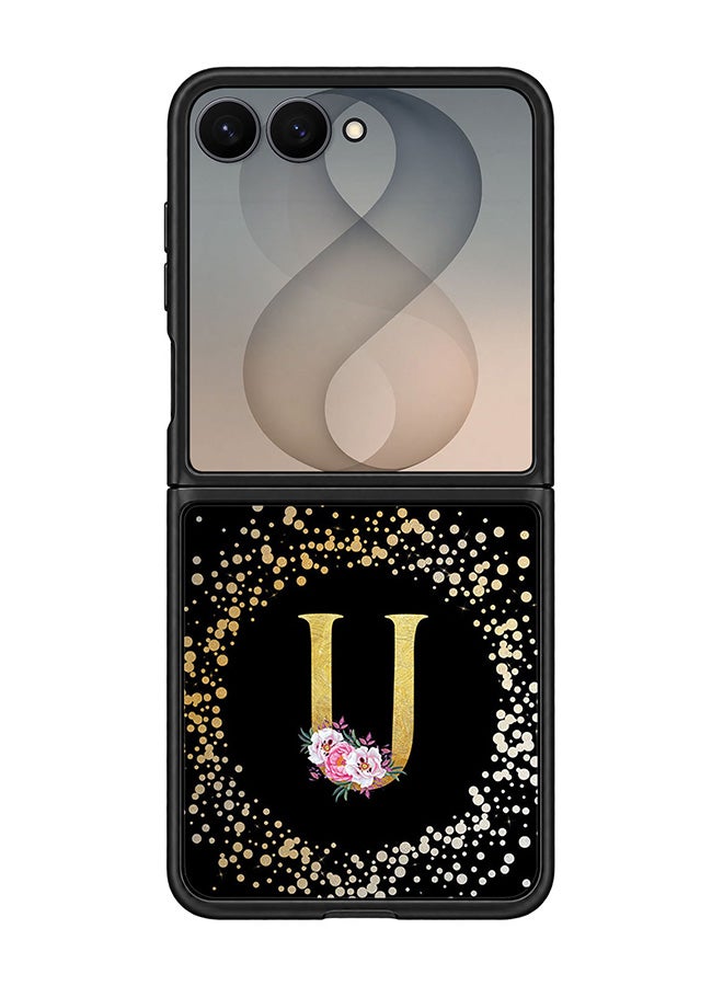 Stylizedd Rugged Case for Samsung Galaxy Z Flip8- Slim Fit Hybrid Rubber Cover Floral Monogram - U (Black)