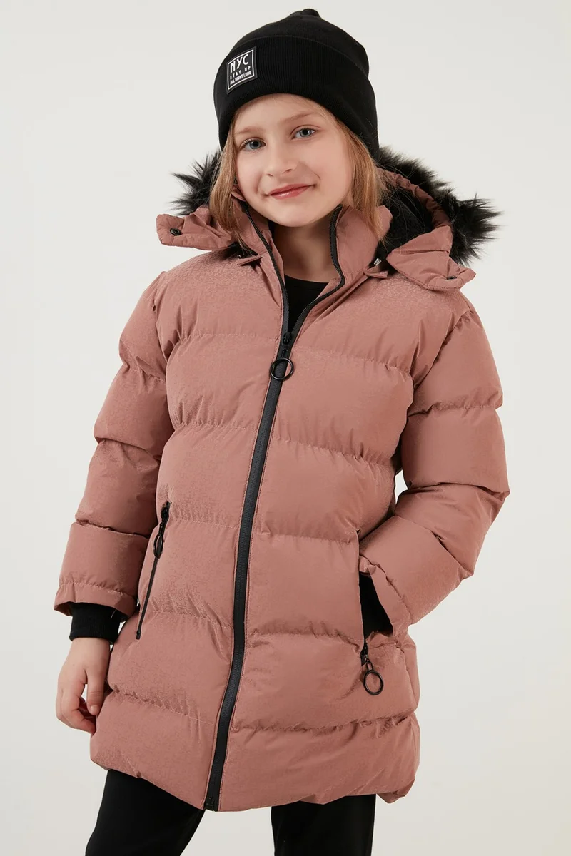 ليلا Collar Faux Fur Plush Lined Removable Hooded Slim Cut Winter Coat Girls' COAT 5760002