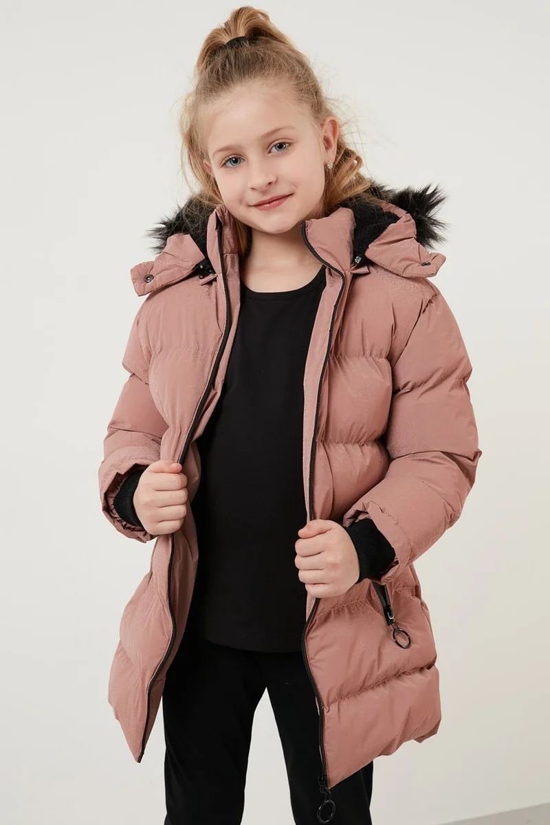 ليلا Collar Faux Fur Plush Lined Removable Hooded Slim Cut Winter Coat Girls' COAT 5760002