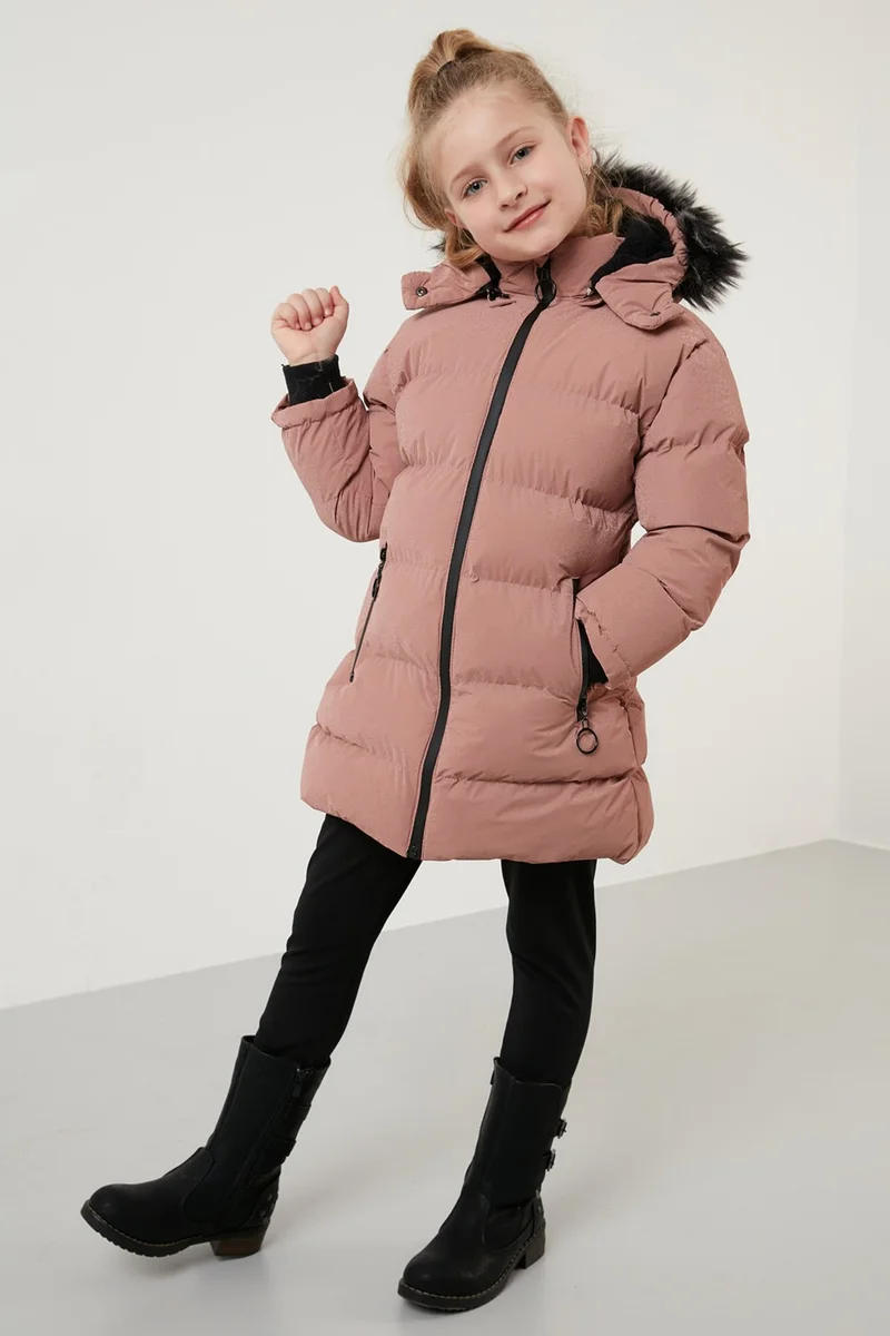 ليلا Collar Faux Fur Plush Lined Removable Hooded Slim Cut Winter Coat Girls' COAT 5760002