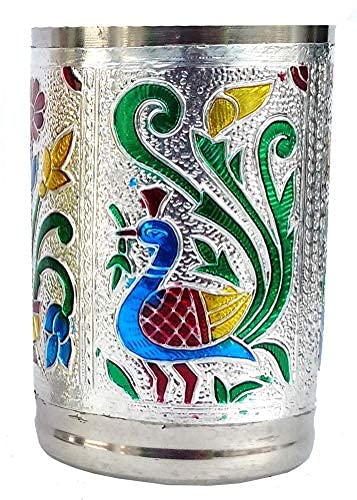Kavid DHAVL Stainless Steel Glass Indian Handmade Meena Work Peacock Design Tumbler for Diwali Christmas (Silver) Set of 6 - Image 2