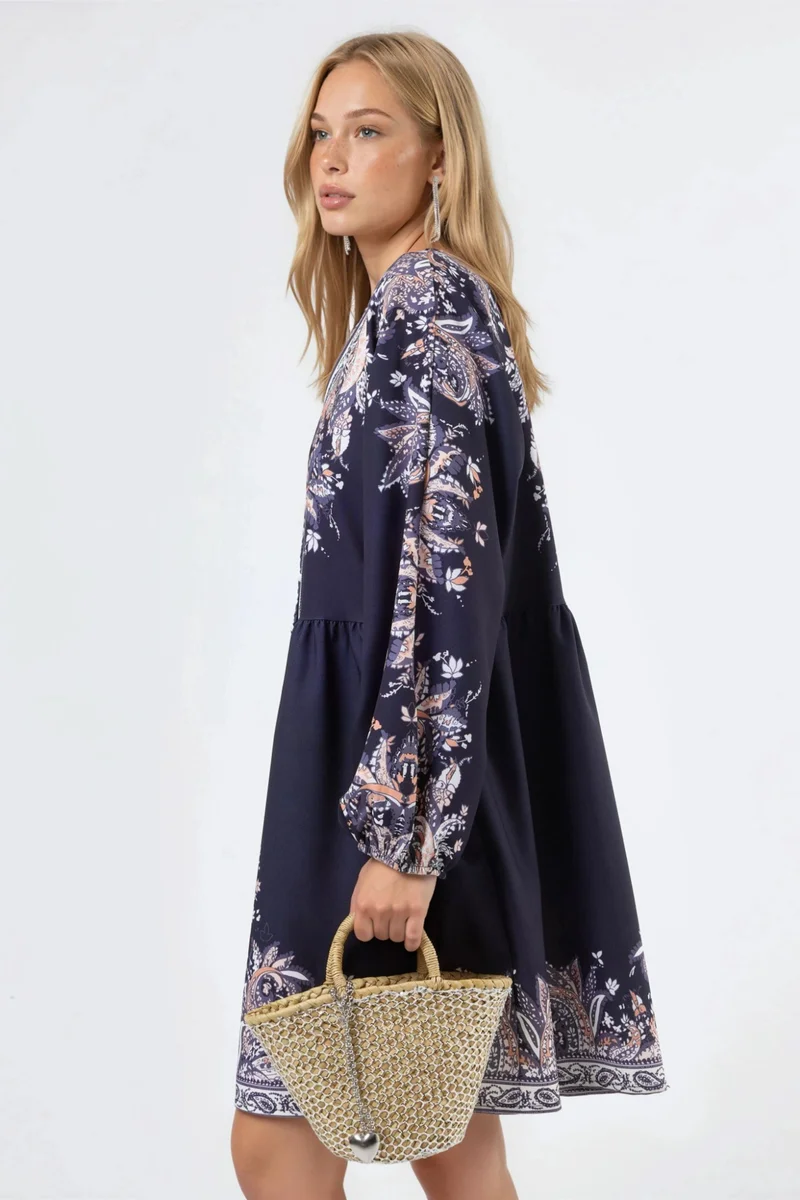 Jennyfer Belted Mini Dress with V-Neck in Paisley