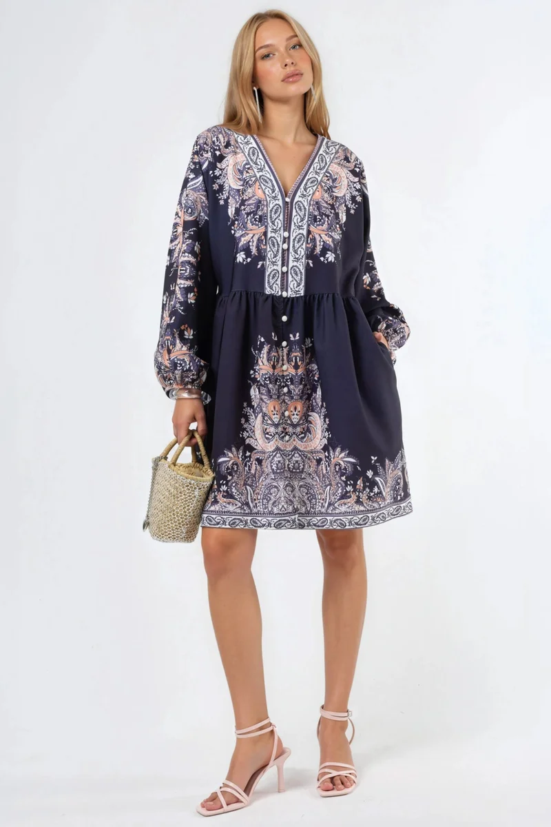Jennyfer Belted Mini Dress with V-Neck in Paisley