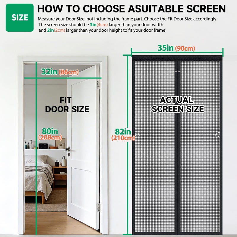 HOFUDON Upgraded Magnetic Screen Door Mesh, Full Strip Magnets, Heavy Duty Fiberglass Mesh, Door Screen Magnetic Closure for Single Door Size 32 x 80 Inch, Screen Door Size 35 x 82 Inch Black - Image 2