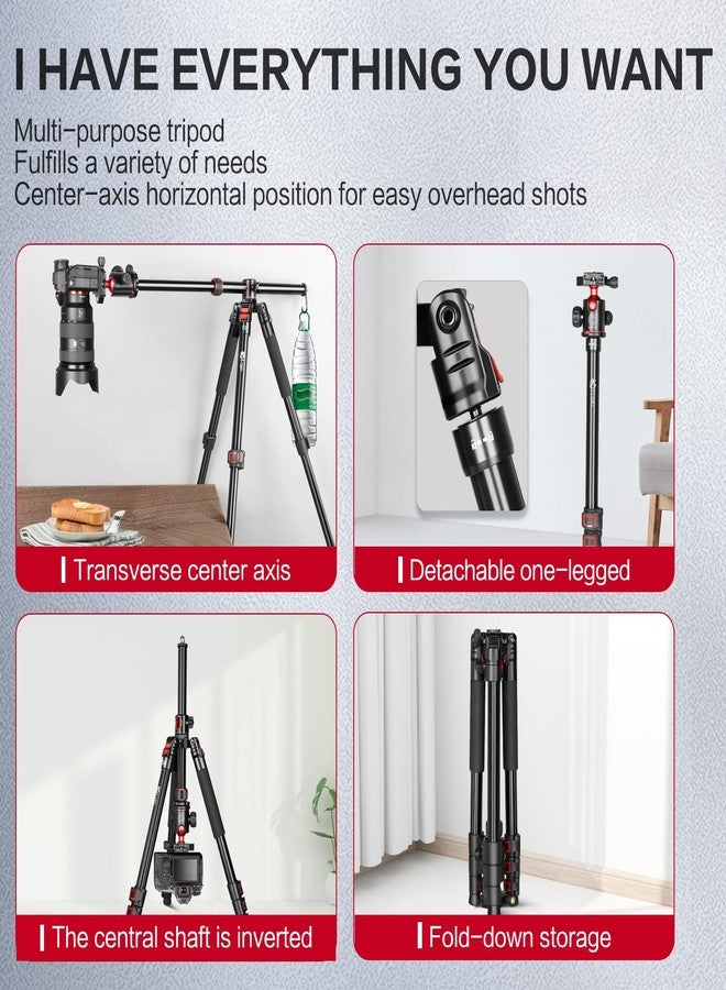 FreeSea 72 inch Camera Tripod Stand, Transverse Center Column Aluminium DSLR Tripod with 360 Degree Ball Head 15kg Load Capacity, Quick Release Plate, Detachable Monopod - Image 5