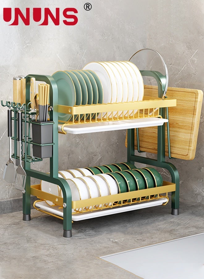 UNUNS حامل تجفيف الأطباق، رف جانبي مزدوج للحوض لمطبخ، موفر للمساحة متعدد الاستخدامات مع حامل أدوات المطبخ، حاملة الحوض، لوح التقطيع، سلة أدوات المائدة - Image 1