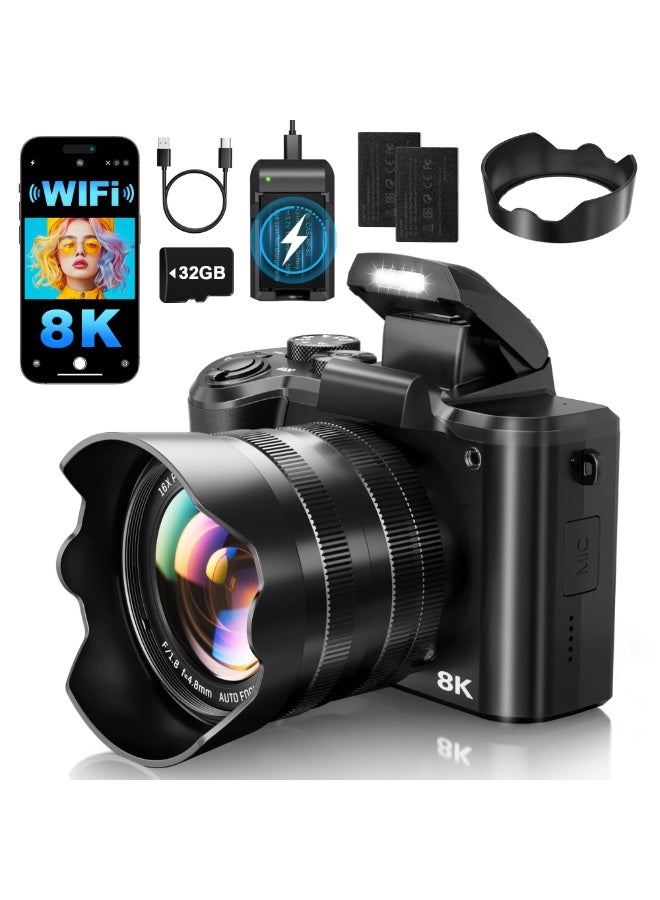 8K Digital Cameras for Photography - Autofocus 88MP WiFi Profession Camera with Dual-Lens - 16X Digital Zoom Photography Camera for YouTube with Lens Hood, Touch Screen, 2 Batteries & Charging Stand - Image 1