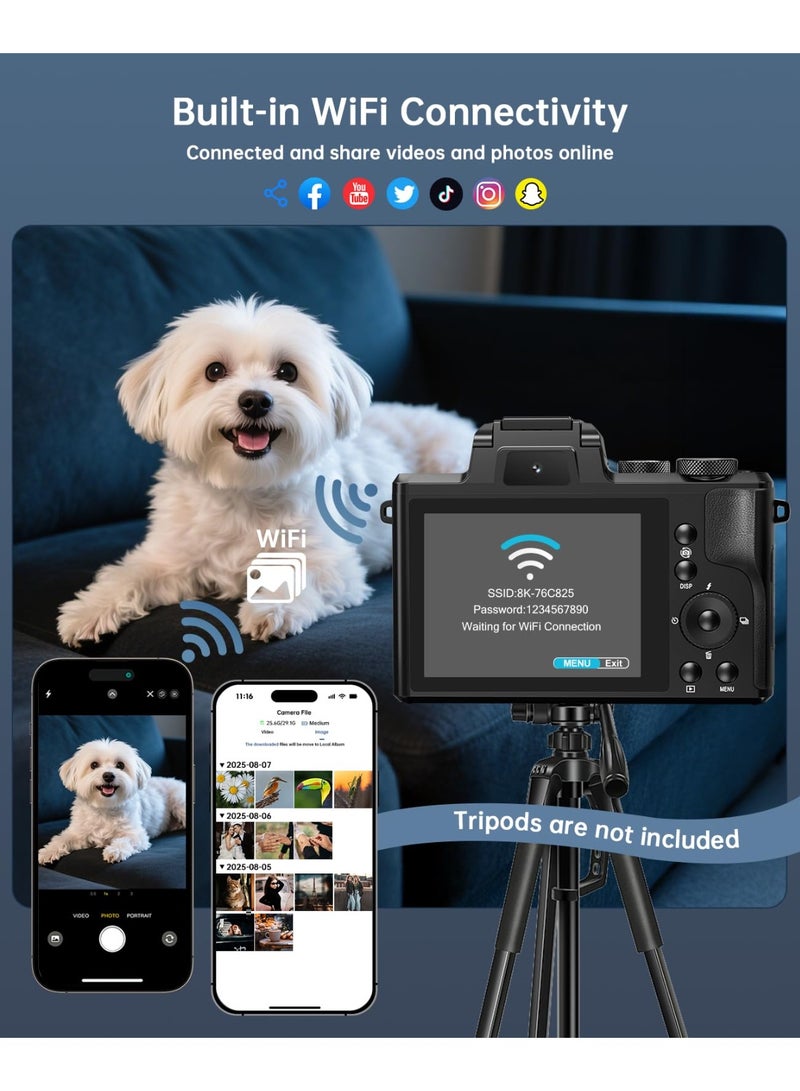 8K Digital Cameras for Photography - Autofocus 88MP WiFi Profession Camera with Dual-Lens - 16X Digital Zoom Photography Camera for YouTube with Lens Hood, Touch Screen, 2 Batteries & Charging Stand - Image 3