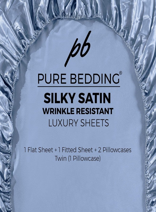 Pure Bedding ملاءات سرير ساتان فاخرة من بيور بيدينج، مقاس كامل [4 قطع، أزرق سماوي]، ملاءات سرير حريرية فاخرة للفنادق - طقم ملاءات من الألياف الدقيقة فائقة النعومة 1800، مقاومة للتجاعيد والبهتان، ملاءة مثبتة بجيب عميق، ملاءة مسطحة، أغطية وسائد - Image 5