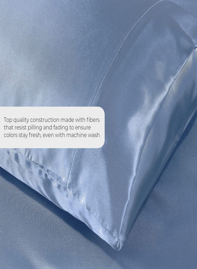 Pure Bedding ملاءات سرير ساتان فاخرة من بيور بيدينج، مقاس كامل [4 قطع، أزرق سماوي]، ملاءات سرير حريرية فاخرة للفنادق - طقم ملاءات من الألياف الدقيقة فائقة النعومة 1800، مقاومة للتجاعيد والبهتان، ملاءة مثبتة بجيب عميق، ملاءة مسطحة، أغطية وسائد - Image 3