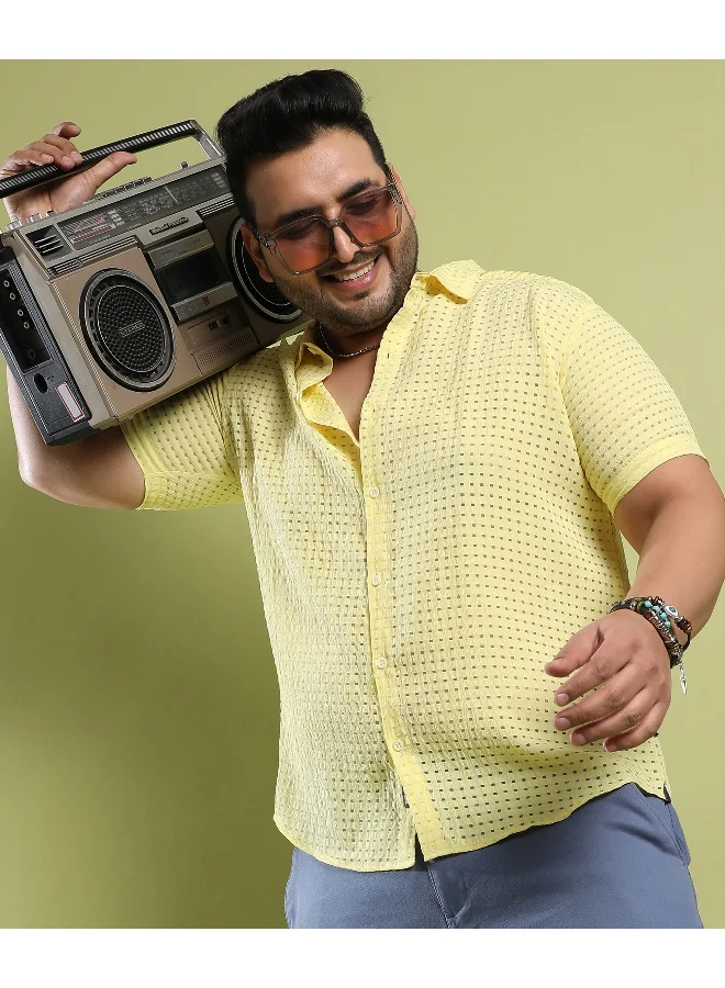 Instafab Plus Men's Lemon Yellow See-Through Square Shirt