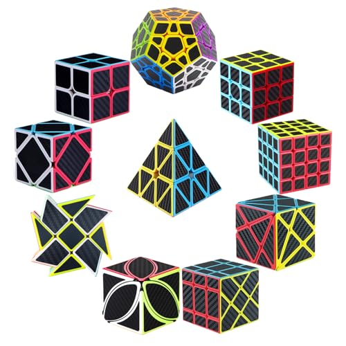 Roxenda Speed Cube Set of 10 2x2 3x3 4x4 Skew Ivy Axis Fisher Megaminx Pyramid and Windmill Carbon Fiber Sticker Magic Collection Educational Toys for Children and Adults - Image 1