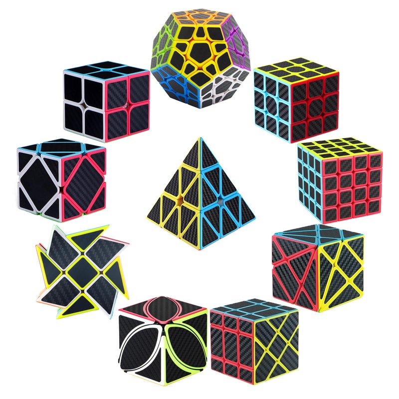 Roxenda Speed Cube Set of 10 2x2 3x3 4x4 Skew Ivy Axis Fisher Megaminx Pyramid and Windmill Carbon Fiber Sticker Magic Collection Educational Toys for Children and Adults - Image 2