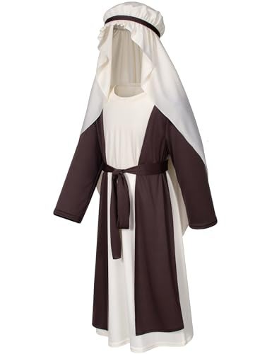 Irtysh Kids Biblical Saint Joseph Costume Jesus Robe Fancy Dress Sherherd Costume Staffs Headwrap Hat Waist Rope Set(Brown 130) - Image 2