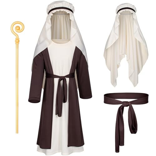 Irtysh Kids Biblical Saint Joseph Costume Jesus Robe Fancy Dress Sherherd Costume Staffs Headwrap Hat Waist Rope Set(Brown 130) - Image 1