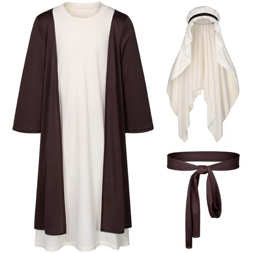 Irtysh Kids Biblical Saint Joseph Costume Jesus Robe Fancy Dress Sherherd Costume Staffs Headwrap Hat Waist Rope Set(Brown 130) - Image 4
