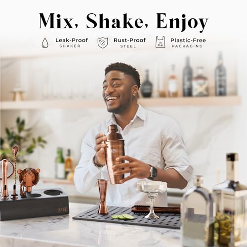 BARE BARREL® Mixology Bartender Kit Bar Set | 14-Piece Cocktail Shaker Set | Martini Barware Mixing Tools for Home Bartending | Incl. 35 Recipe Cards | Gift Set (24oz Cobbler Shaker, Copper/Black) - Image 3