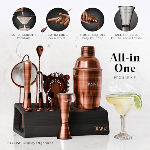 BARE BARREL® Mixology Bartender Kit Bar Set | 14-Piece Cocktail Shaker Set | Martini Barware Mixing Tools for Home Bartending | Incl. 35 Recipe Cards | Gift Set (24oz Cobbler Shaker, Copper/Black) - Image 2