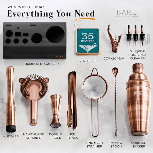 BARE BARREL® Mixology Bartender Kit Bar Set | 14-Piece Cocktail Shaker Set | Martini Barware Mixing Tools for Home Bartending | Incl. 35 Recipe Cards | Gift Set (24oz Cobbler Shaker, Copper/Black) - Image 4