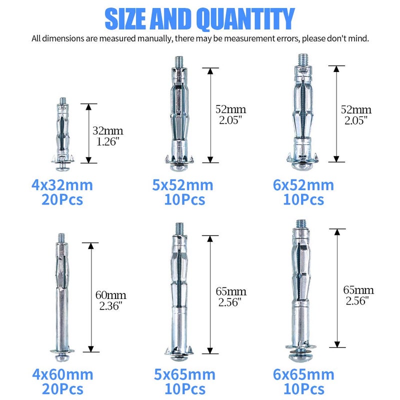 Glarks 80Pcs 6 Size Heavy Duty Zinc Plated Steel Molly Bolt Hollow Drive Wall Anchor Screws Assortment Kit for Drywall, Plaster and Tile - Image 2