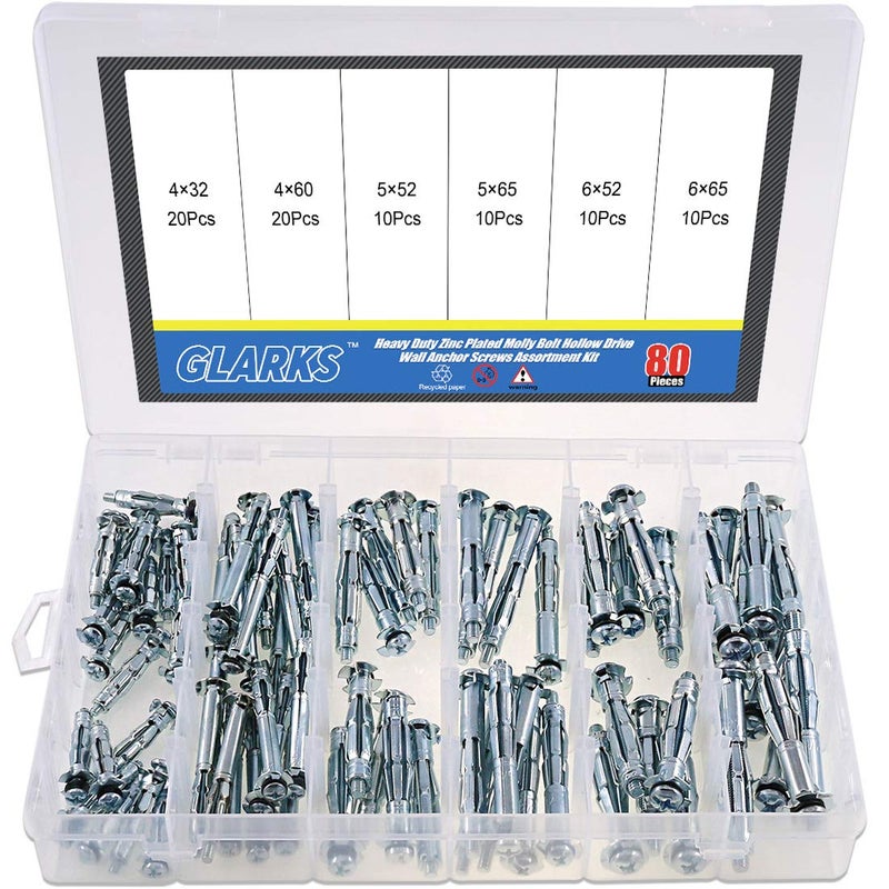 Glarks 80Pcs 6 Size Heavy Duty Zinc Plated Steel Molly Bolt Hollow Drive Wall Anchor Screws Assortment Kit for Drywall, Plaster and Tile - Image 1