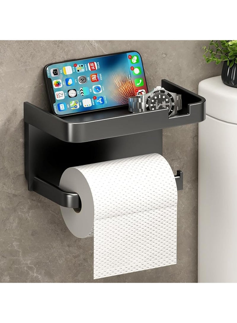 Toilet Roll Holder with Phone Shelf - Multi-function Bathroom Black Toilet Paper Holder with Tissue holder Shelf for Washroom Kitchen 2 in 1 Toilet Paper Holder Wall Mounted or Self Adhesive - Image 1
