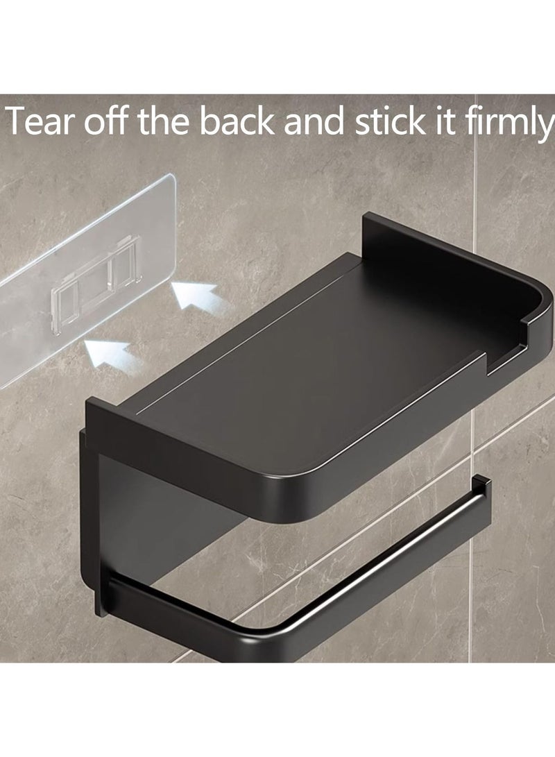 Toilet Roll Holder with Phone Shelf - Multi-function Bathroom Black Toilet Paper Holder with Tissue holder Shelf for Washroom Kitchen 2 in 1 Toilet Paper Holder Wall Mounted or Self Adhesive - Image 4