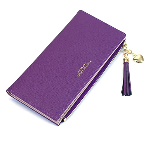 SUMGOGO Slim Wallet for Women Long Tassel Zipper Clutch Purse Handbag Card Case Wallet (purple) - Image 2