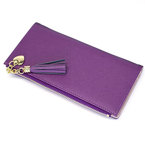 SUMGOGO Slim Wallet for Women Long Tassel Zipper Clutch Purse Handbag Card Case Wallet (purple) - Image 3