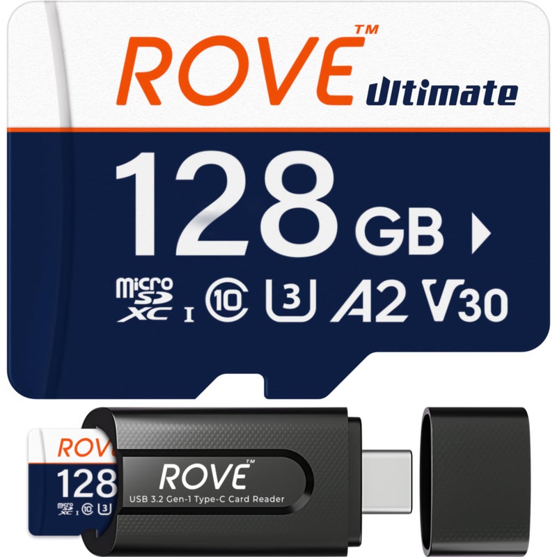 ROVE بطاقة ROVE Ultimate Micro SD بطاقة microSDXC سعة 128GB مع قارئ بطاقات USB 3.2 Type C سرعة 170MB/s C10، U3، V30، 4K، A2 لكاميرات داش، هواتف أندرويد الذكية، الأجهزة اللوحية، الألعاب - Image 1