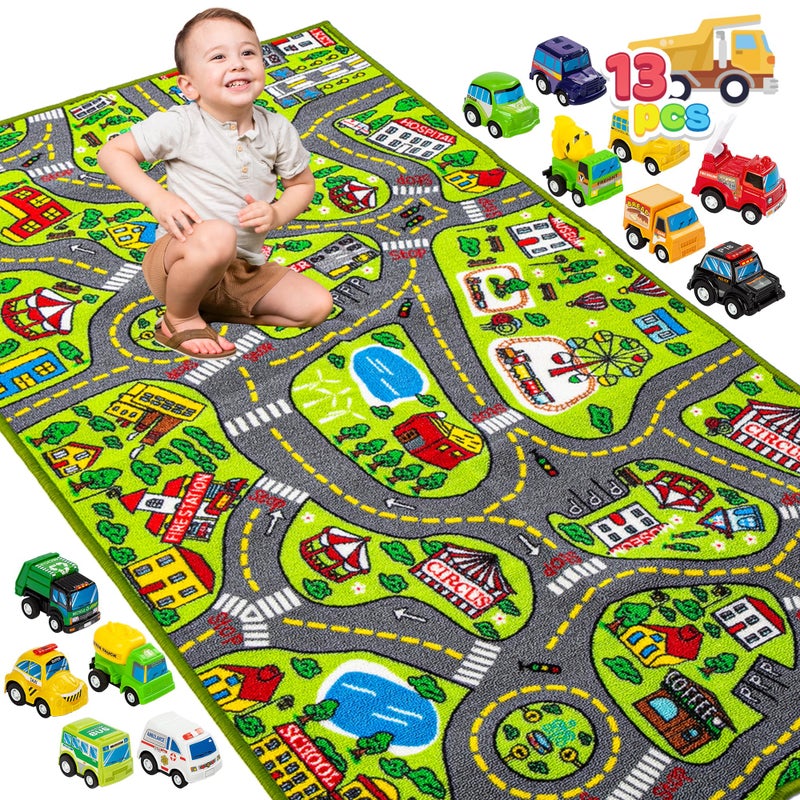 JOYIN Kids Play Rugs  12 PullBack Vehicle Set  Durable Carpet Playmat Rug  City Pretend Play  Toddler Car Track Rug