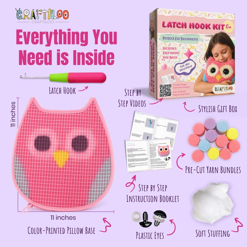 CRAFTILOO Latch Hook Kit for Kids Rug DIY Pillow Craft with Hook, Precut Yarn, Easy to Follow Pattern Cute Designs with Wise Owl Ages 6+ - Image 2